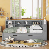 Merax Full Size Day Bed with Twin Trundle, Wooden DayBed with Storage Shelf and USB Charging Ports, Full Corner Bed Frame,Grey Merax