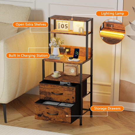 Furnulem Night Stand, Tall Nightstand with 4-Tier Shelves, 2 Fabric Drawers and Light Tube, Bed Side Tables with Charging Station, Bedside Table for Bedroom, Office, Rustic Brown Furnulem