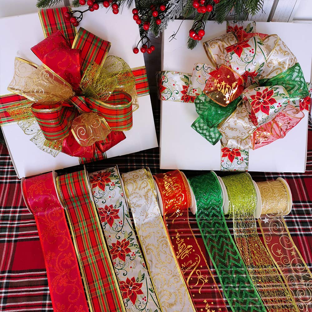 48 Yards Assorted Christmas Ribbons - Plaid, Bow, Wired, Mesh, Glitter, Tulle, Organza - 2.5" Wide For Wreaths, Garlands