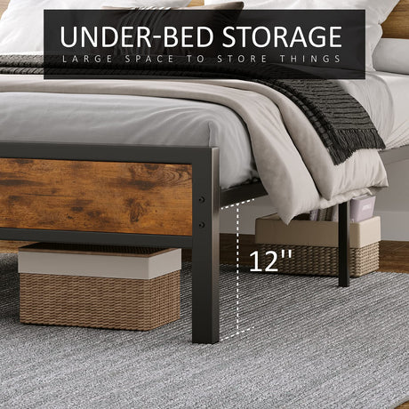 AMERLIFE Full Size Bed Frame, Industrial Platform Bed with Charging Station, 2-Tier Storage Headboard/No Box Spring Needed/Noise-Free/Dark Brown AMERLIFE
