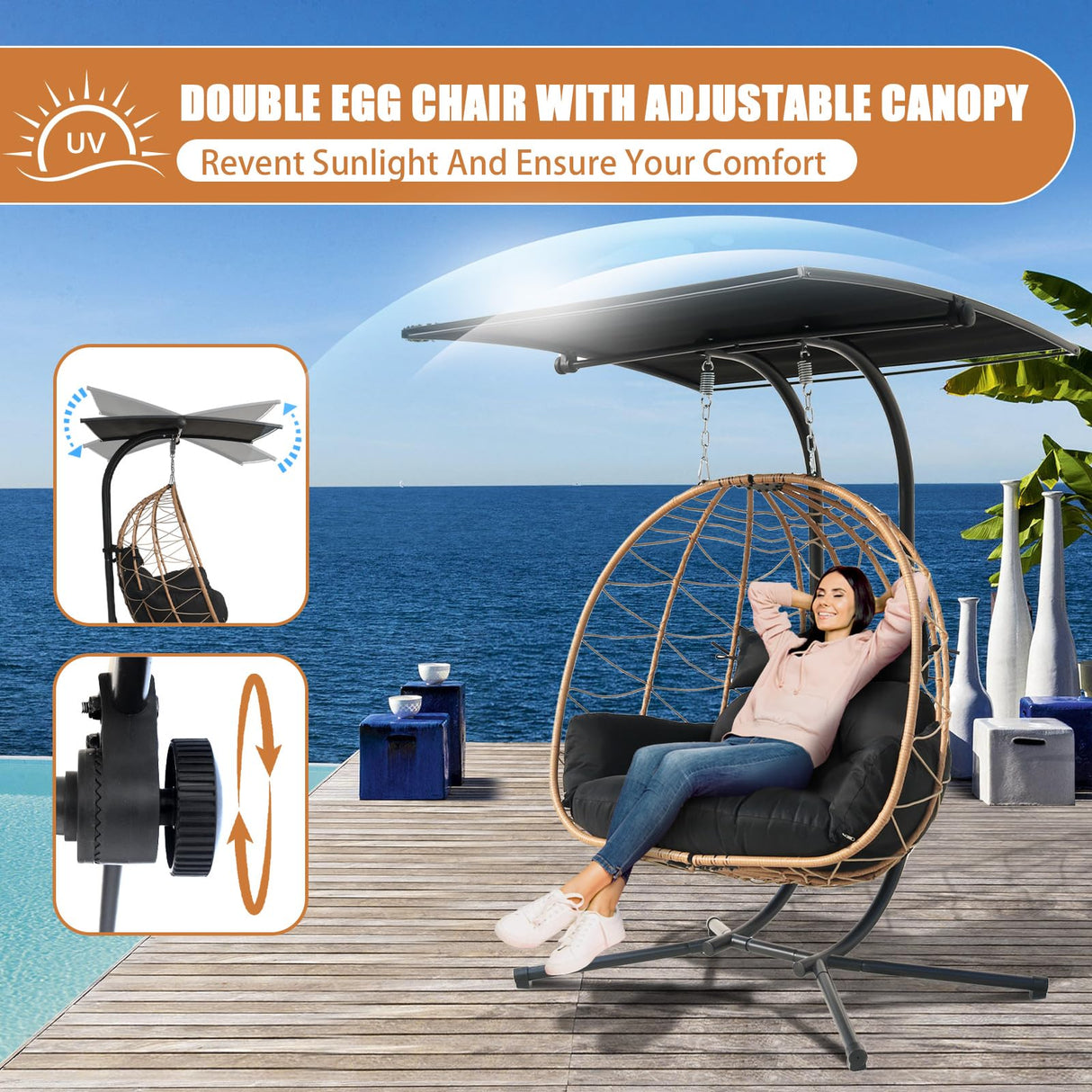 Double Egg Swing Chair with Stand & Adjustable Canopy, Outdoor Indoor Hanging Egg Chair, Handwoven Pe Rattan Loveseat with Uv-Resistant Cushions, 680Lbs Capacity for Patio, Garden, Balcony (Black) Nevsokio