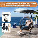 Double Egg Swing Chair with Stand & Adjustable Canopy, Outdoor Indoor Hanging Egg Chair, Handwoven Pe Rattan Loveseat with Uv-Resistant Cushions, 680Lbs Capacity for Patio, Garden, Balcony (Black) Nevsokio