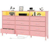 Dresser for Bedroom Bedroom Pink Dresser with LED Lights and Charging Station, 12 Long Fabric Drawers Dressers, Tall Wide Chest of Drawers Storage Organizer TV Stand for up to 65" TV for Living Room SOOWERY