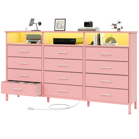 Dresser for Bedroom Bedroom Pink Dresser with LED Lights and Charging Station, 12 Long Fabric Drawers Dressers, Tall Wide Chest of Drawers Storage Organizer TV Stand for up to 65" TV for Living Room SOOWERY