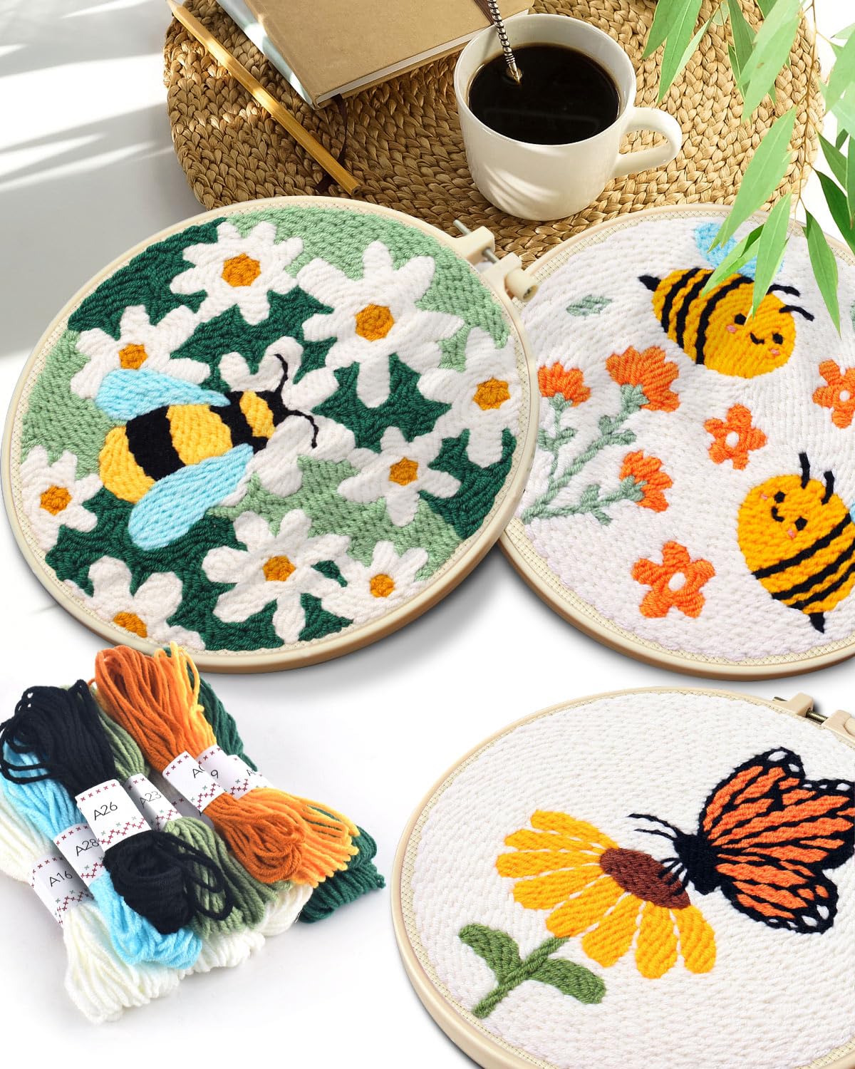 TINDTOP 3 Sets Punch Needle Kits, Flowers Punch Embroidery Kits for Adults Beginner, Tool with Punch Needle Fabric, Hoops, Yarns and Sewing Needles TINDTOP