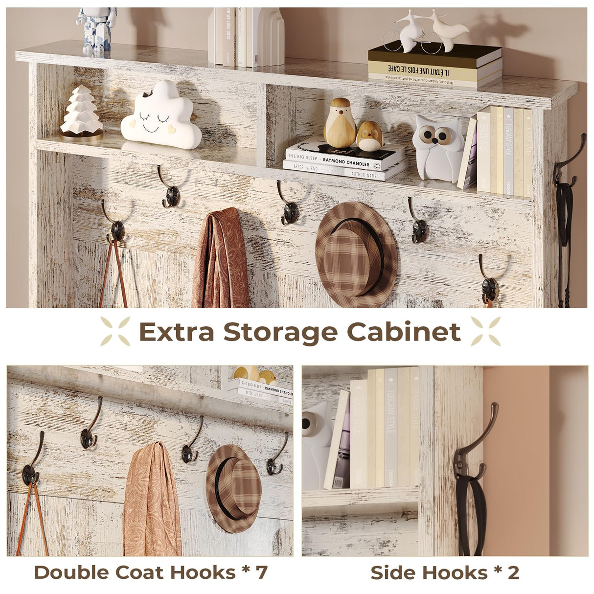 Itaar Hall Tree with Bench and Shoe Storage, 5-in-1 Entryway Bench with Coat Rack, 10 Shoe Cubbies & 9 Coat Hooks, Barn Door & Adjustable Shelf (Vintage White) Itaar