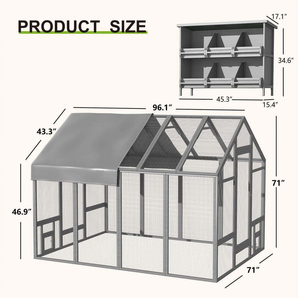 TRYKERPET Large Wood Chicken Coop with Nesting Box, Wooden Chicken Coop with Run, Outdoor Walk-in Poultry Cage with Weatherproof Cover, Chicken House for Outside Farm Backyard TRYKERPET