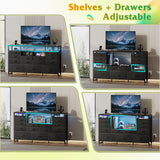 WLIVE Black TV Stand for 55, 60, 65 inch TV, Entertainment Center with LED Lights & Charging Station, TV Media Console Table with 15 Fabric Drawers and Open Shelves for Living Room, Hallway, Wood Topm WLIVE
