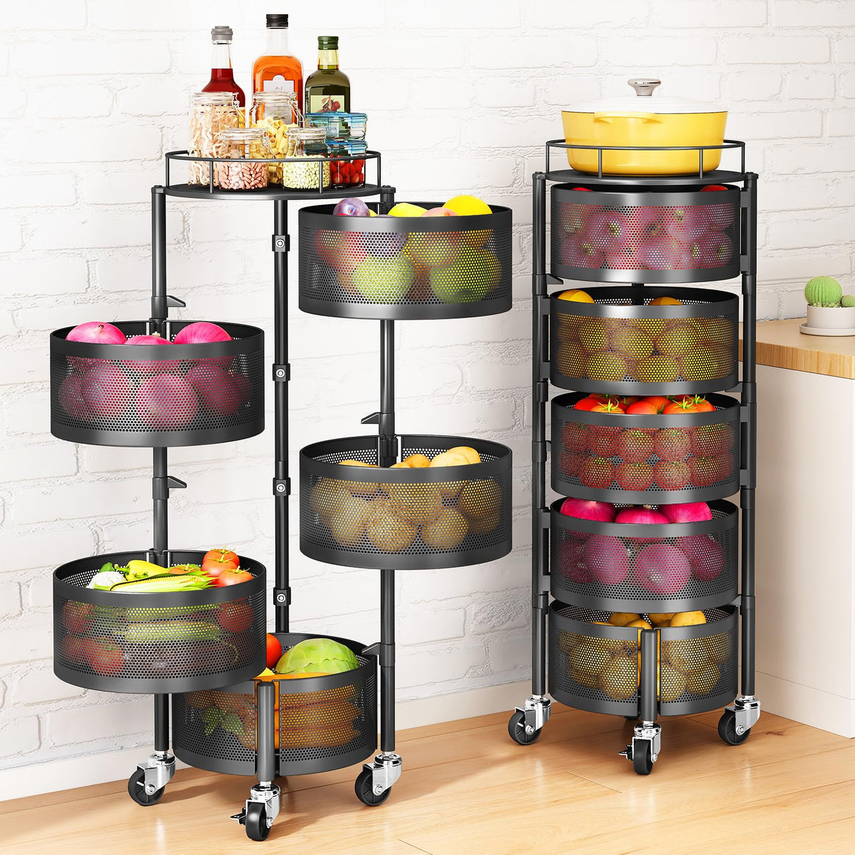 Fruit and Vegetable Basket Bowls for Kitchen with Metal Top Lid, SNTD 5 Tier Rotating Storage Rack Cart for Potato Onion Bread Banana, Wire Basket Organizer on Wheels, Large, Black SNTD