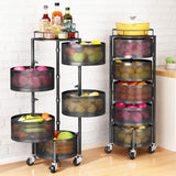 Fruit and Vegetable Basket Bowls for Kitchen with Metal Top Lid, SNTD 5 Tier Rotating Storage Rack Cart for Potato Onion Bread Banana, Wire Basket Organizer on Wheels, Large, Black SNTD