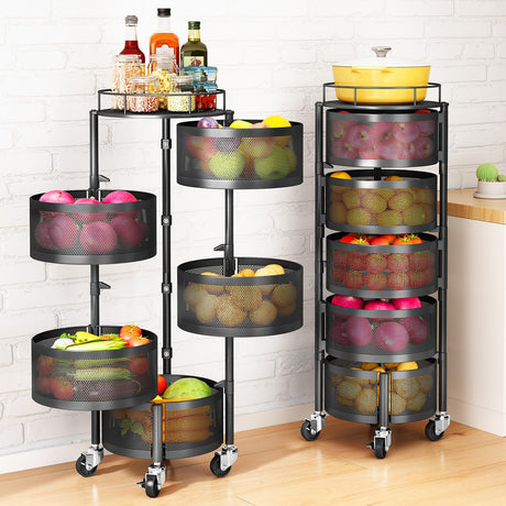 Fruit and Vegetable Basket Bowls for Kitchen with Metal Top Lid, SNTD 5 Tier Rotating Storage Rack Cart for Potato Onion Bread Banana, Wire Basket Organizer on Wheels, Large, Black SNTD
