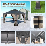 Gotland 12' x 14' Khaki Hardtop Gazebo with Curtains and Netting, Double Roof Iron Metal Pergola for Patio, Garden, Lawn Gotland