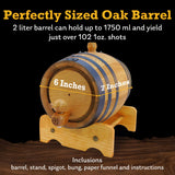 Red Head Barrels - 2 L Premium Distillery-Grade Oak Barrels for Aging Whiskey, Rum, and More, Ideal for Whiskey Barrel or Wine Barrel, American Charred Oak Barrel with 12-Page Cocktail Recipe Booklet Red Head Barrels
