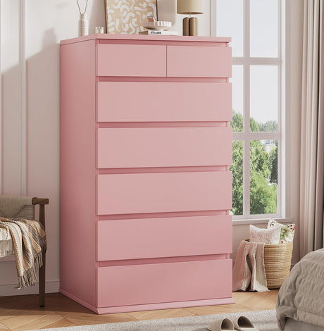 Pink Tall 7 Drawer Dresser for Bedroom, Modern Wood Closet Dressers & Chests of Drawers with Jewelry Storage, 23.6" L*15.8" W*47.5" H in Large Vertical Dresser for Bedroom, Living Room, Nursery Jocoevol
