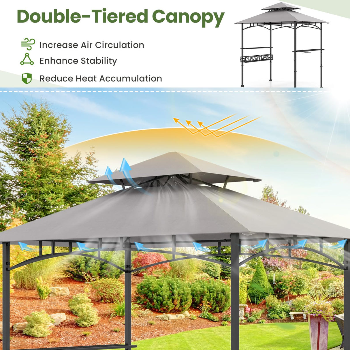 HAPPYGRILL 8 x 5 FT BBQ Grill Gazebo with 2 Side Shelves, Storage Basket, Hanging Hooks, Bottle Opener, Double-Tiered Top, Metal Frame, Outdoor Barbecue Canopy, Grilling Shelter for Patio Garden Yard HAPPYGRILL
