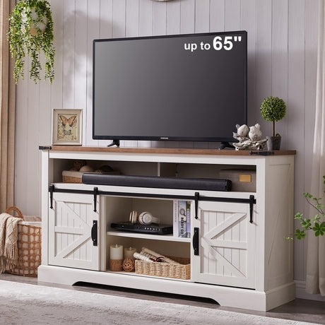 OKD Farmhouse TV Stand for 65+ Inch TV, 33" Tall Highboy Entertainment Center w/Sliding Barn Door, Rustic Media Console w/Storage Shelves, Wood Television Stand for Living Room, Antique White OKD