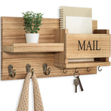 Lwenki Mail Organizer for Wall Mount – Key Holder with Shelf Includes Letter Holder and Hooks for Hallway Farmhouse Decor – Rustic Wood with Flush Mounting Hardware (16.5” x 9.1” x 3.4”) (Wood) Lwenki
