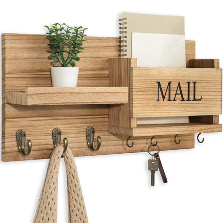 Lwenki Mail Organizer for Wall Mount – Key Holder with Shelf Includes Letter Holder and Hooks for Hallway Farmhouse Decor – Rustic Wood with Flush Mounting Hardware (16.5” x 9.1” x 3.4”) (Wood) Lwenki