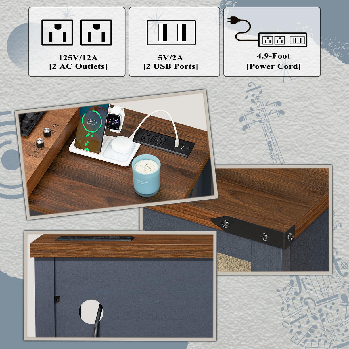 Joaxswe Large Record Player Table with Charging Station & LED Lights, Blue Vinyl Record Storage Cabinet Holds up to 230 Albums, Turntable Stand with Display Shelf for Music Room Bedroom Living Room Joaxswe