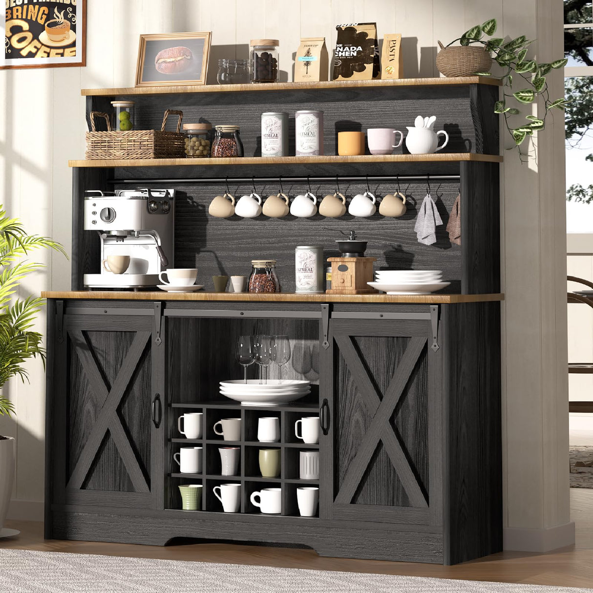 BestHaped 55'' Farmhouse Coffee Bar Cabinet with 3 Tier Storage Hutch, Coffee Bar Station with Sliding Barn Door, Hutch Storage Cabinet with 12 Wine Racks & 9 Hooks for Kitchen Dining Living Room BestHaped