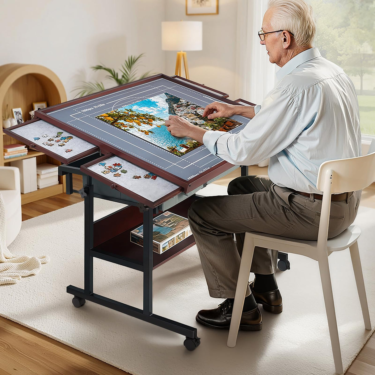 Giein Rotating Puzzle Table with Drawers - 1500 Pieces Jigsaw Puzzle Board for Adult, Tilting Wooden Jigsaw Table Giein