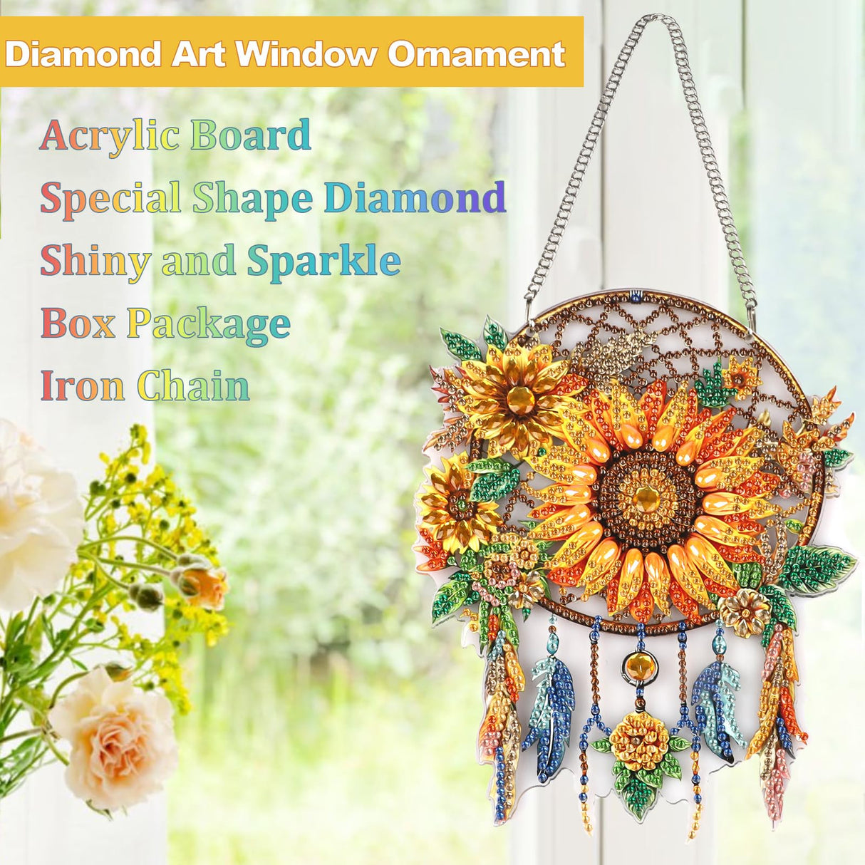 CEOVR Sunflower Diamond Painting Hanging Ornament, Dream Catcher 5D Special Shape Diamond Art, Crafts for Adults DIY Gem Art, Acrylic Home Garden Window Wall Decor with Chain, Box Kit, 6.2×7.8in CEOVR