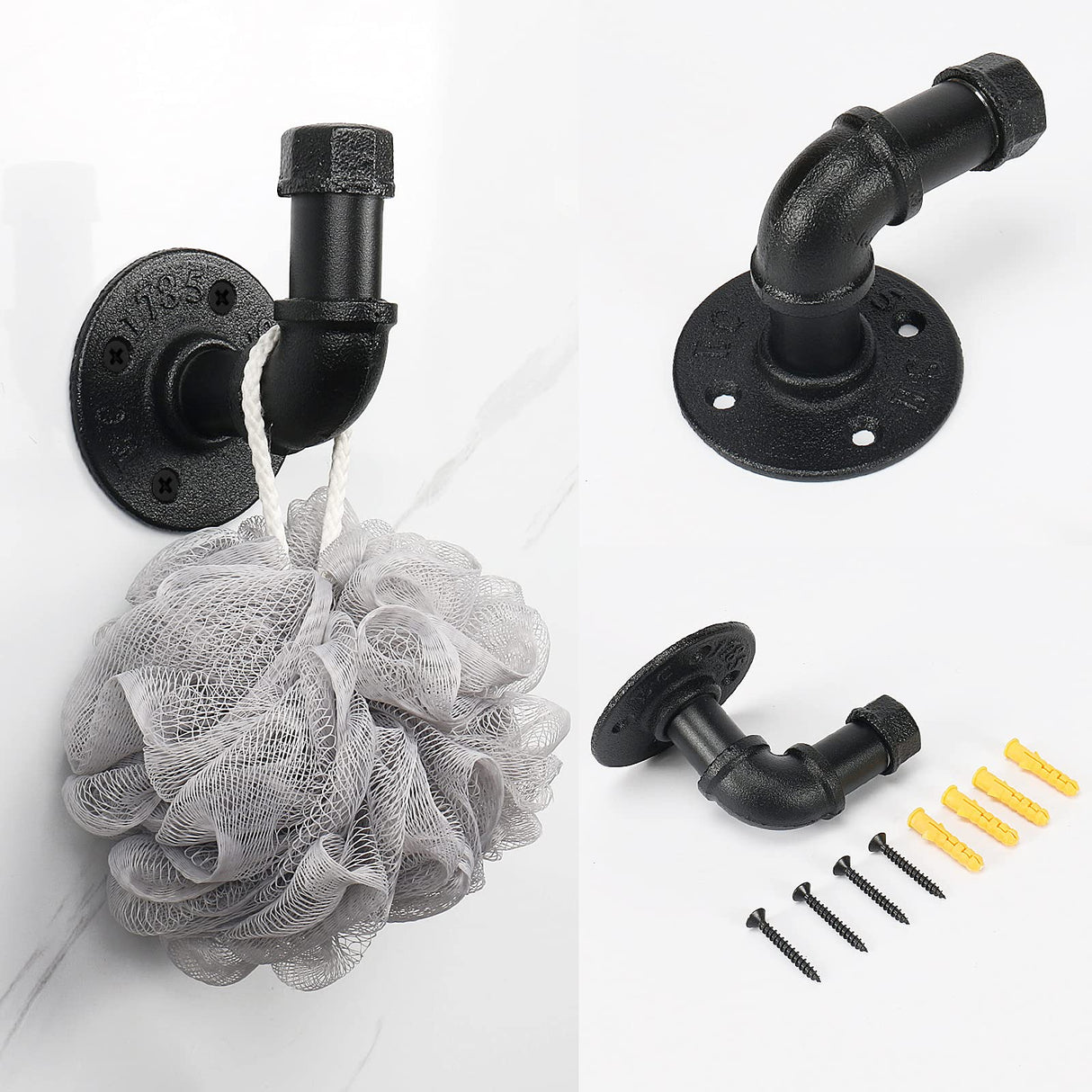 Jeasor 4-Pieces Industrial Pipe Bathroom Towel Ring Kit DIY Wall Mount Accessories Kit Includes Robe Hook Towel Bar and Towel Ring (18 inch) Jeasor