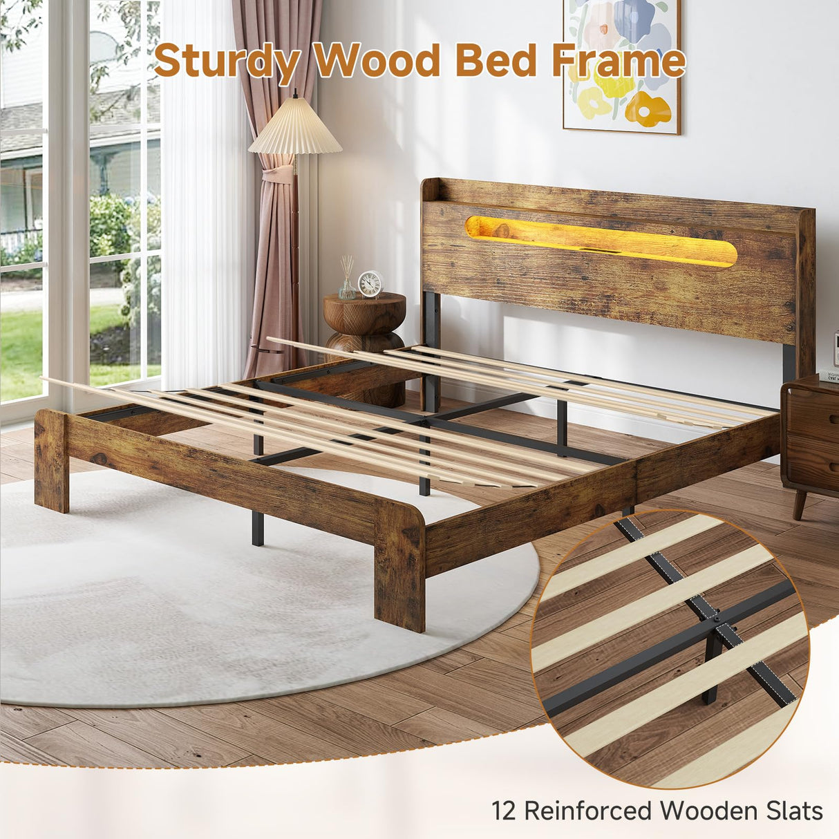 Kiivakii King Bed Frame with Storage Headboard, King Platform Bed Frame with LED Light and Charging Station, Durable Frame, No Noise, No Box Spring Needed, Dark Brown Kiivakii