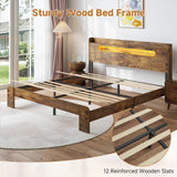 Kiivakii King Bed Frame with Storage Headboard, King Platform Bed Frame with LED Light and Charging Station, Durable Frame, No Noise, No Box Spring Needed, Dark Brown Kiivakii