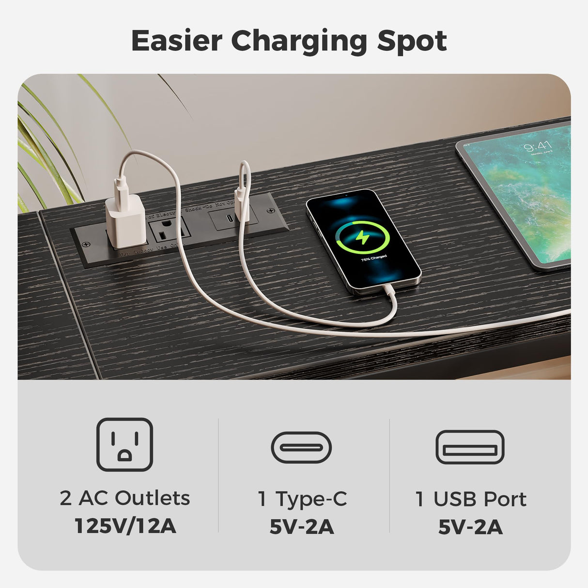 SUPERJARE 70 Inch Console Table with Outlet, Sofa Table with Charging Station, Narrow Entryway Table, Skinny Hallway Table, Behind Couch Table, for Living Room, Black SUPERJARE