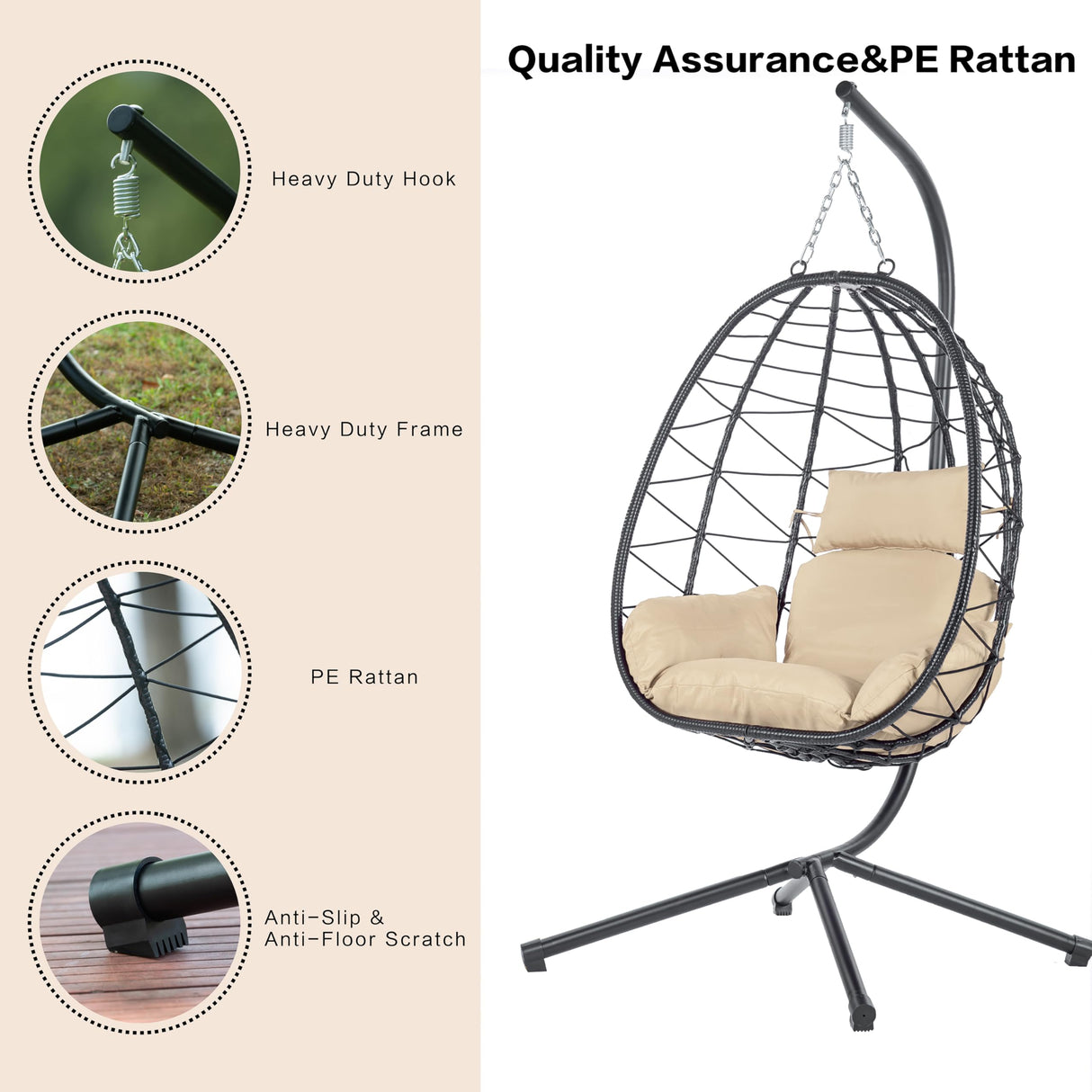 Hanging Egg Chair with Stand Wicker Egg Chair Indoor Outdoor Swing Basket Egg Chairs with UV Resistant Removable & Washable Cushions,350LBS Capacity for Bedroom Porch BRIGHTREE