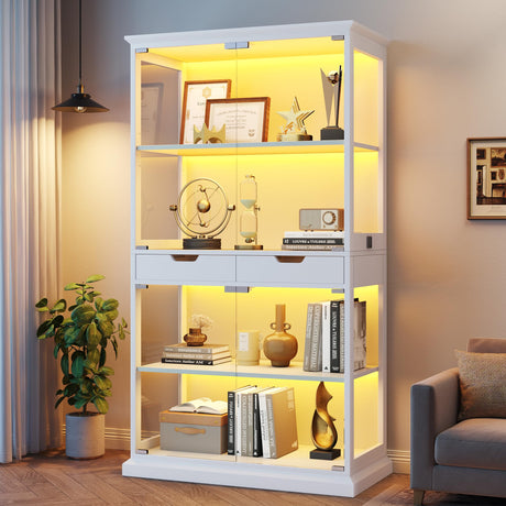 Jocoevol Display Cabinet with Glass Doors, 68'' Tall Curio Cabinet with RGB Lights for Collectibles, 4-Tier Glass Display Case with Human Body Sensor & 2 Drawers for Living/Game Room, White Jocoevol