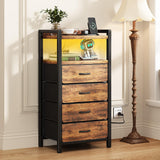 Kitstorack Night Stand with Charger Station and LED Light Rustic Brown Nightstand with Drawers Bedside Table Tall Nightstand 4 Fabric Drawers Kitstorack