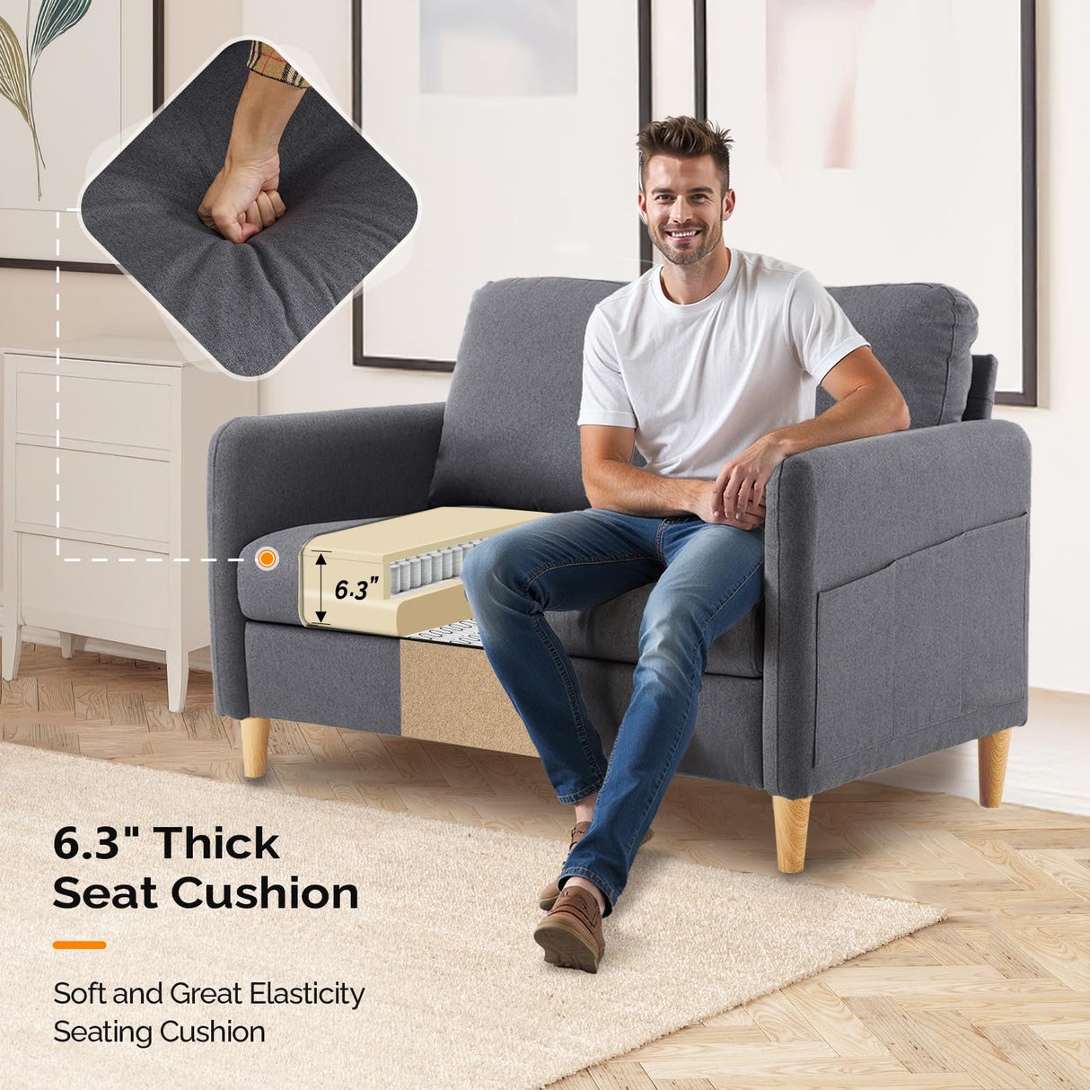 VINGLI 47" Small Couch, Dark Grey Linen Loveseat Sofa Mini Couch Mid Century Modern Decor Love Seat for Small Spaces Living Room, Bedroom, Play Room VINGLI