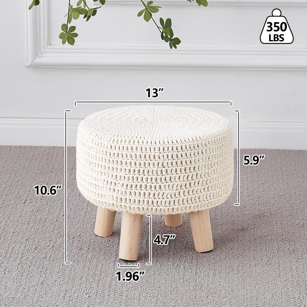 Wimarsbon Pouf Ottoman, 100% Cotton Knitted Boho Footstool, Round Footrest with Non-Skid Wood Legs, Home Décor Handmade Pouffe, Leisure Floor Step Stool for Living Room (Beige) Wimarsbon