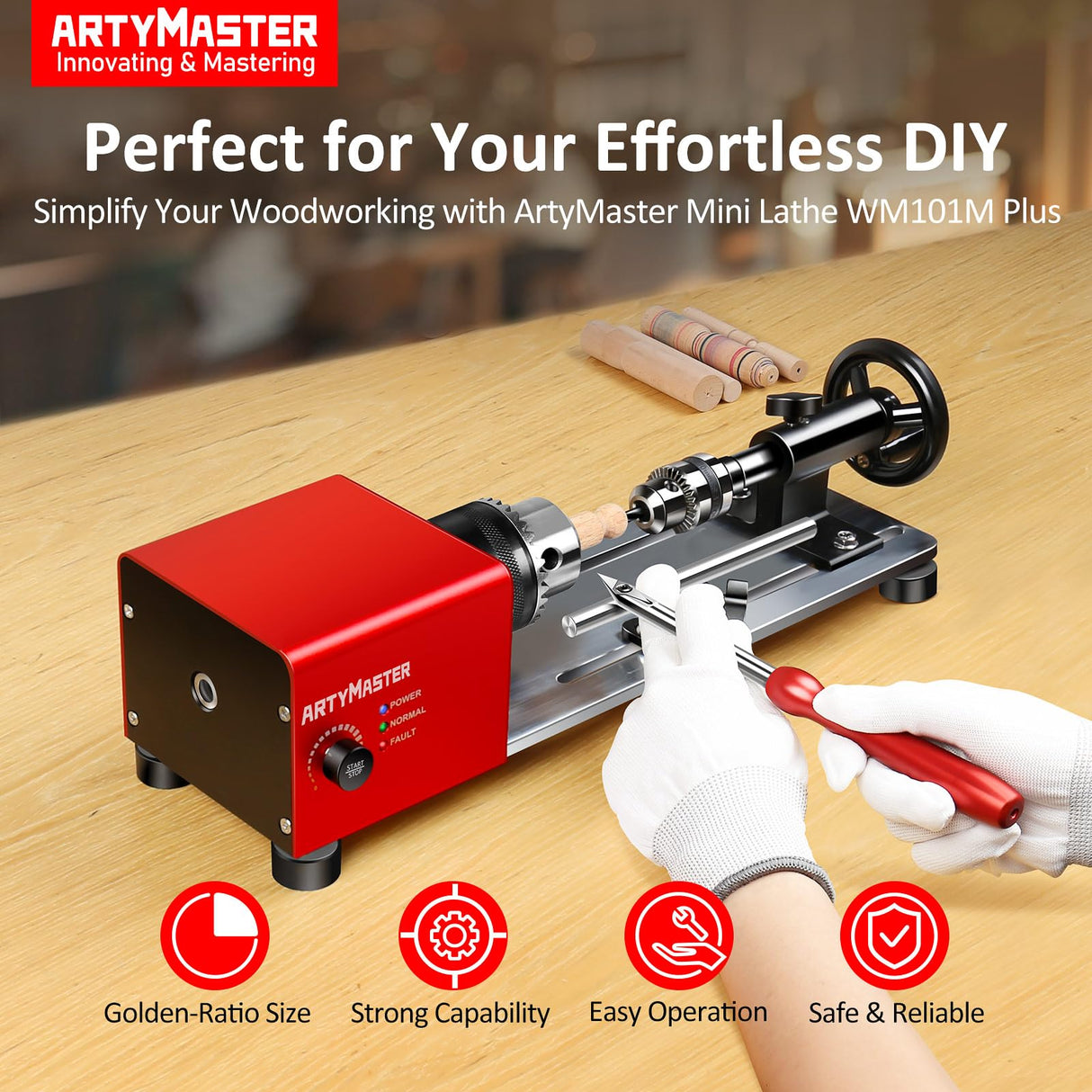 Mini Lathe, WM101A Mini Wood Lathe Machine, 24VDC 96W Power Lathe, Small Benchtop Lathe with Wood Turning Lathe Tools Kits, Infinitely Variable Speed, Professional for DIY Woodworking. ArtyMaster