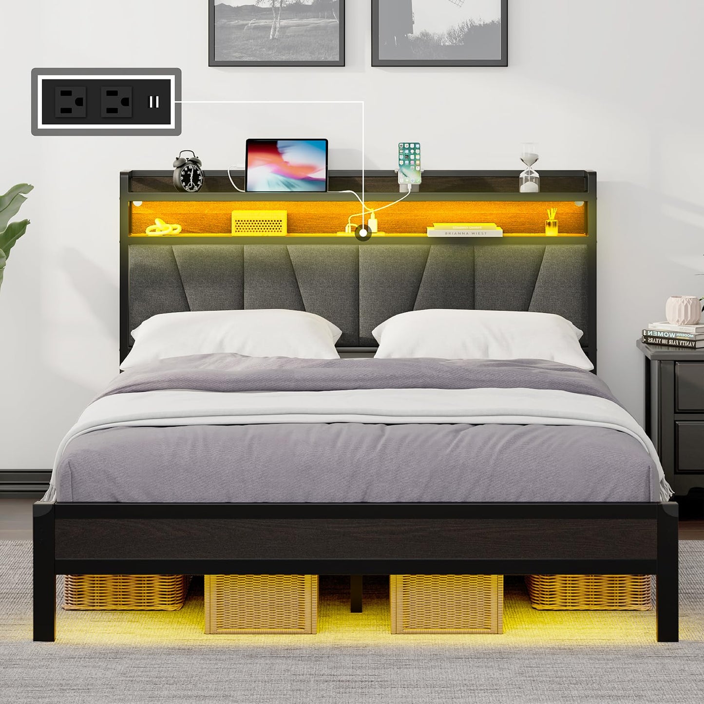 AMERLIFE King Size LED Bed Frame with RGB Lights, Charging Station & Storage Headboard, Black - WoodArtSupply