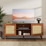 DIYART Brown Rattan TV Stand for 60 Inch TV, Wooden Mid Century Modern Entertainment Center with Natural Rattan Door, Boho Media TV Console for Living Room DIYART