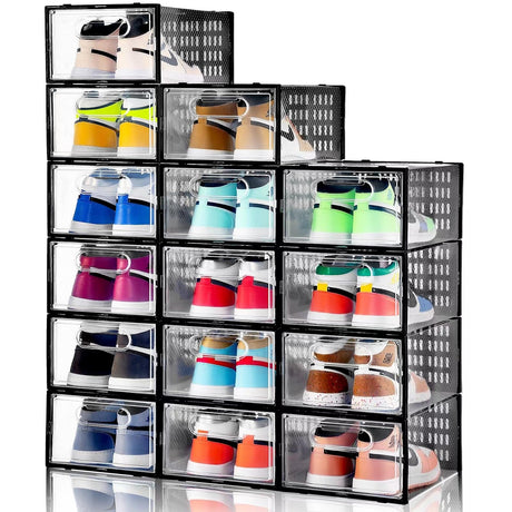 Clemate 15 Pack Shoe Storage Boxes, Clear Plastic Stackable Shoe Organizer for Closet, Shoe Box with Magnetic Door, Foldable Shoe Storage Bin, Sneaker Storage Box Shoe Rack Container Holder, Size 11 Clemate