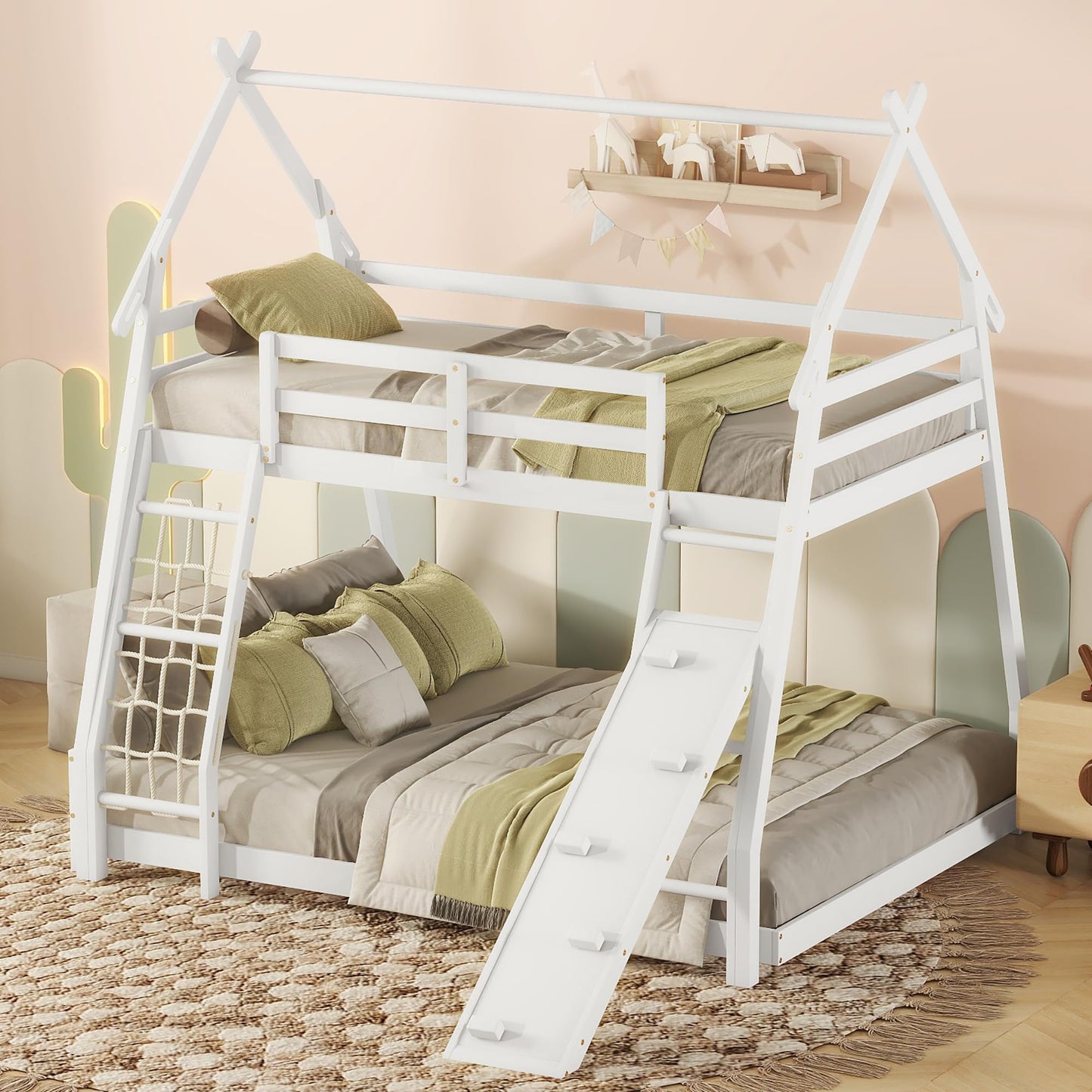 SOFTSEA Twin Over Queen Bunk Bed with Climbing Nets and Ramp in Whitewash - WoodArtSupply