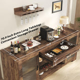 HSH Bar Cabinet with Mini Fridge Space, 70.9” Large Wood Wine Cabinet with Cooler Space, Farmhouse Long Liquor Cabinet with Drawer Storage, Metal Sideboard Buffet for Kitchen Dining Room, Rustic Brown HSH