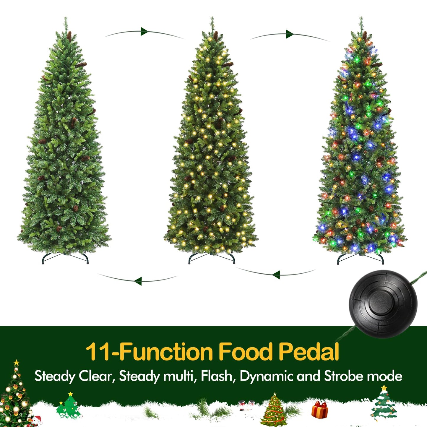 Hykolity 7.5 ft Prelit Slim Christmas Tree with 300 Multicolor Twinkling LED Lights, 1478 PE & PVC Realistic Tips, Artificial Christmas Tree with Pine Cones, Metal Stand and Hinged Branches, 11 Colors