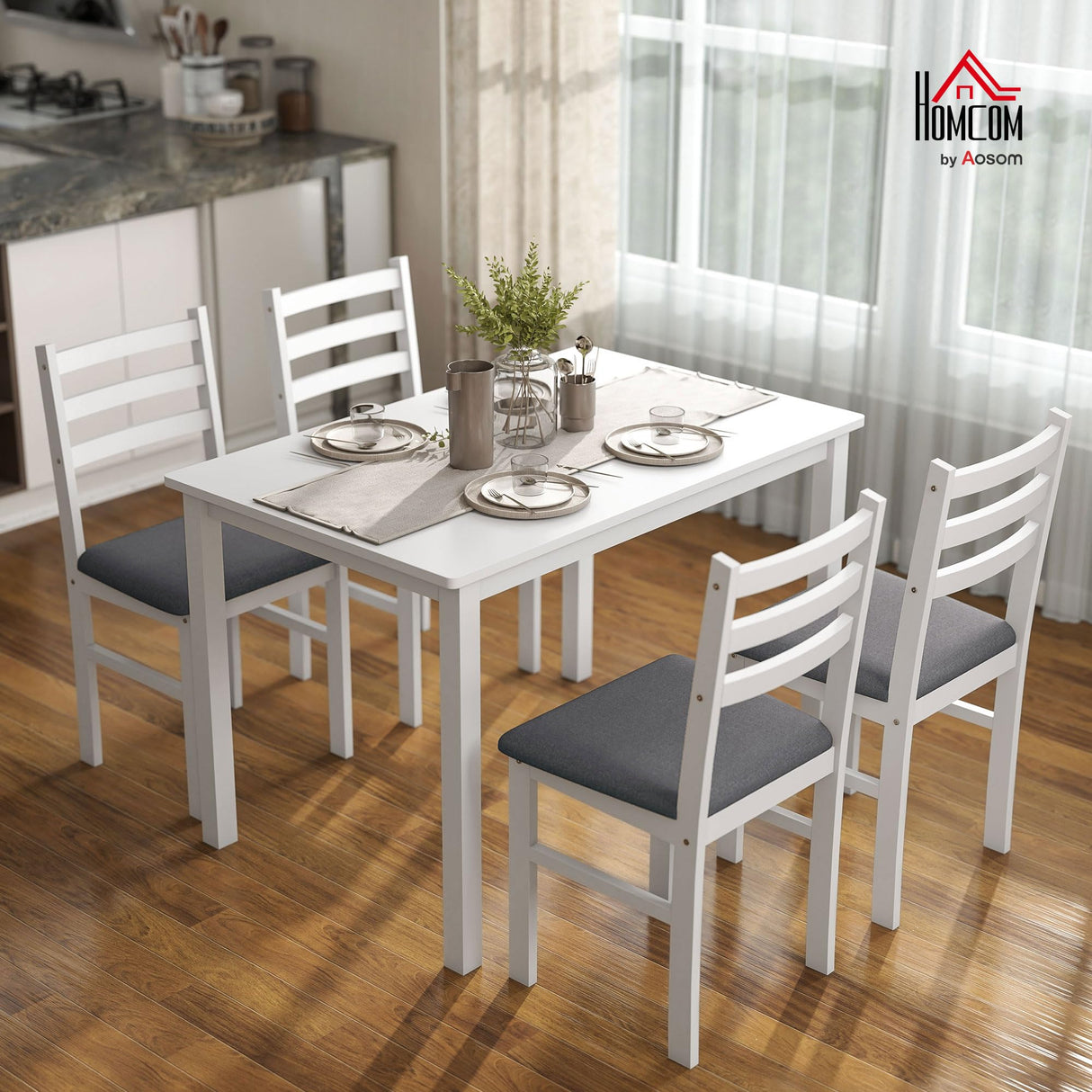 HOMCOM 5-Piece Dining Table Set for 4 with Solid Wood Frame, Farmhouse Kitchen Table Set with 4 Upholstered Padded Chairs for Small Space, Dining Room, Breakfast Nook, Pure White HOMCOM