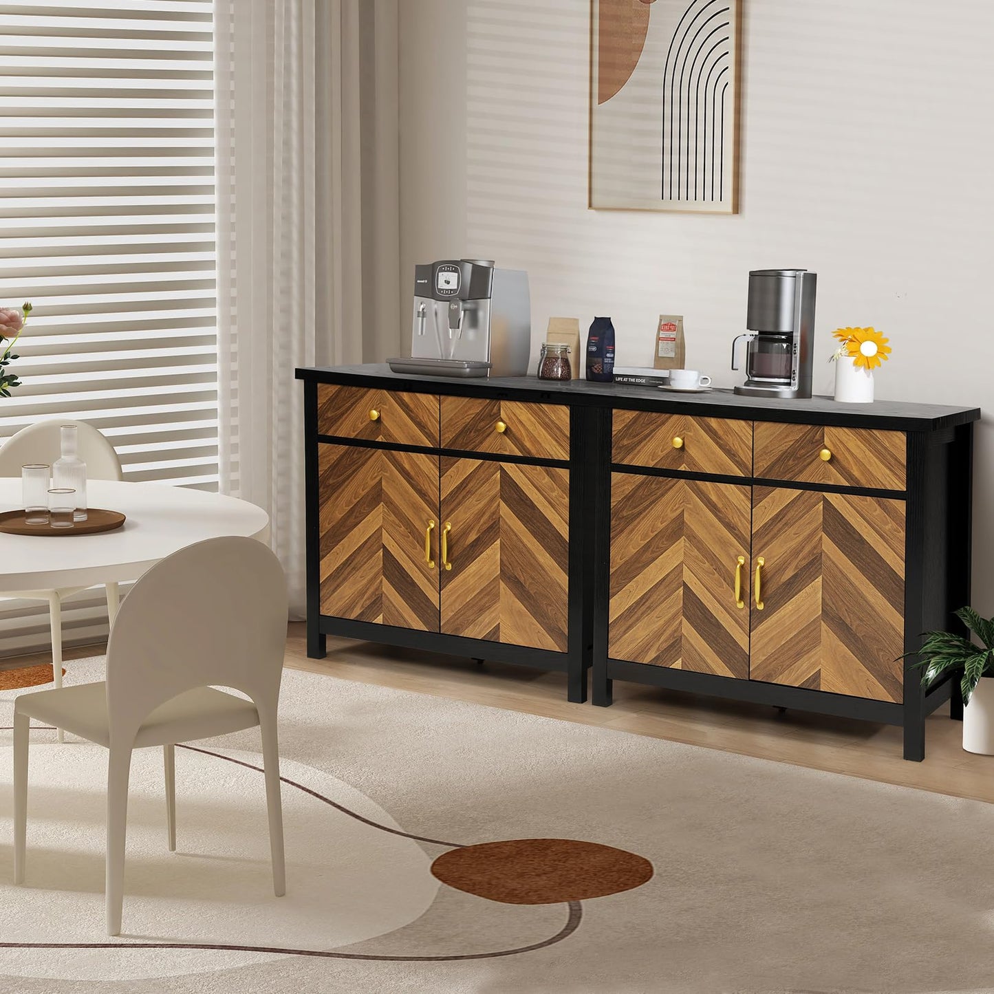 Sideboard Buffet Cabinet with Storage - Modern 35.4'' Coffee Bar Cabinet with Drawers and Adjustable Shelf, Kitchen Storage Island Wooden Storage Cabinet for Kitchen, Dining Room, Entryway