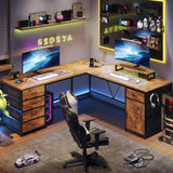 SEDETA L Shaped Desk, 63" Computer Desk with 5 Drawer & Power Outlet, Long Home Office Desk or Corner Desk, L Shaped Corner Desk with Monitor Shelf, Storage Cabinet, Rustic Brown SEDETA