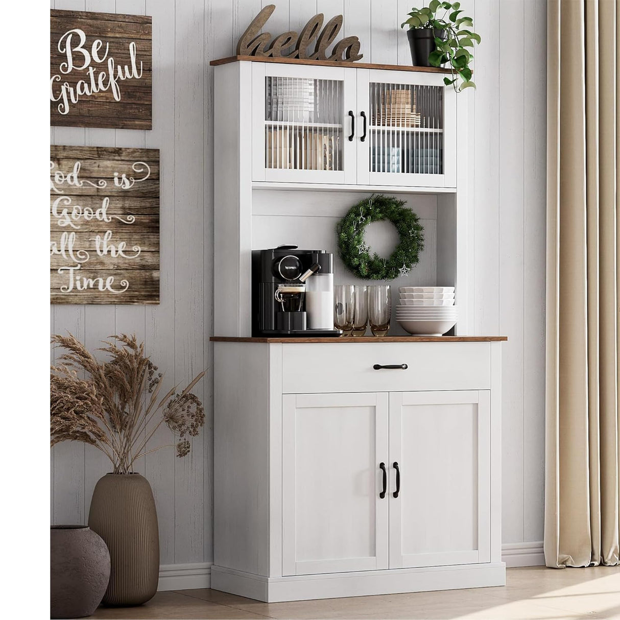 IDEALHOUSE Kitchen Pantry Cabinet with Microwave Stand, 71”Freestanding Tall Kitchen Cabinet with Doors and Shelves for Dining Room, White IDEALHOUSE