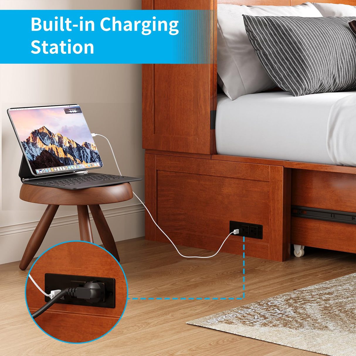 ADOWORE Queen Murphy Bed, Murphy Cabinet Bed with Built-in USB Charging Station & Large Storage Drawers, Horizontal Murphy Bed Wood Murphy Chest Bed for Bedroom, Maroon ADOWORE