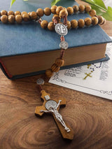 Nazareth Store Wood Beads Rosary Necklace Saint Benedict Medal & Catholic Cross Religious Prayer Chaplet String Handmade - Velvet Bag Nazareth Store