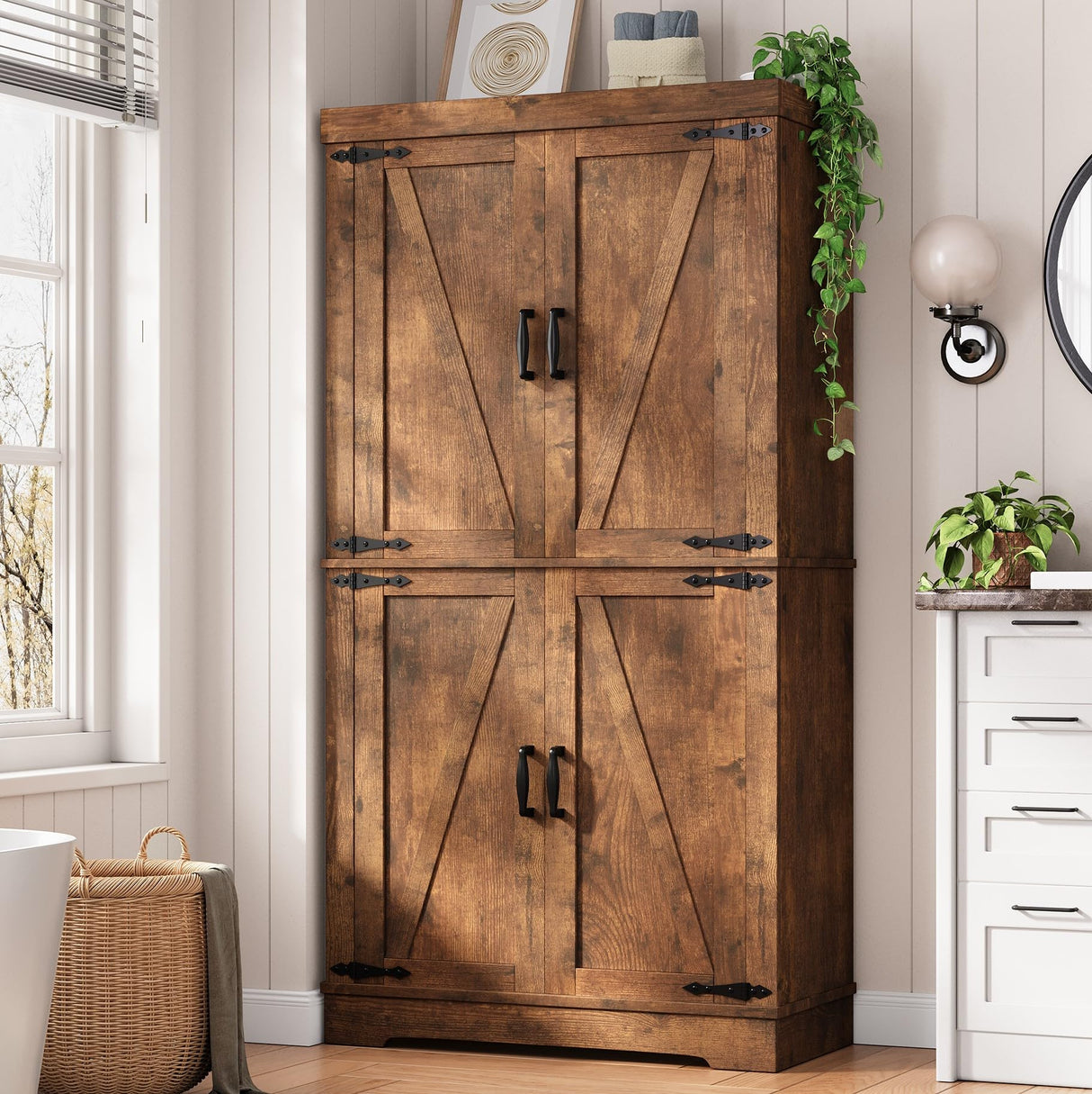 Pantry Cabinet,68'' Kitchen Pantry Storage Cabinet with 4 Doors and Adjustable Shelves, Farmhouse Tall Food Large Wood Pantry Storage Furniture for Kitchen Dining Room,Brown Jocoevol