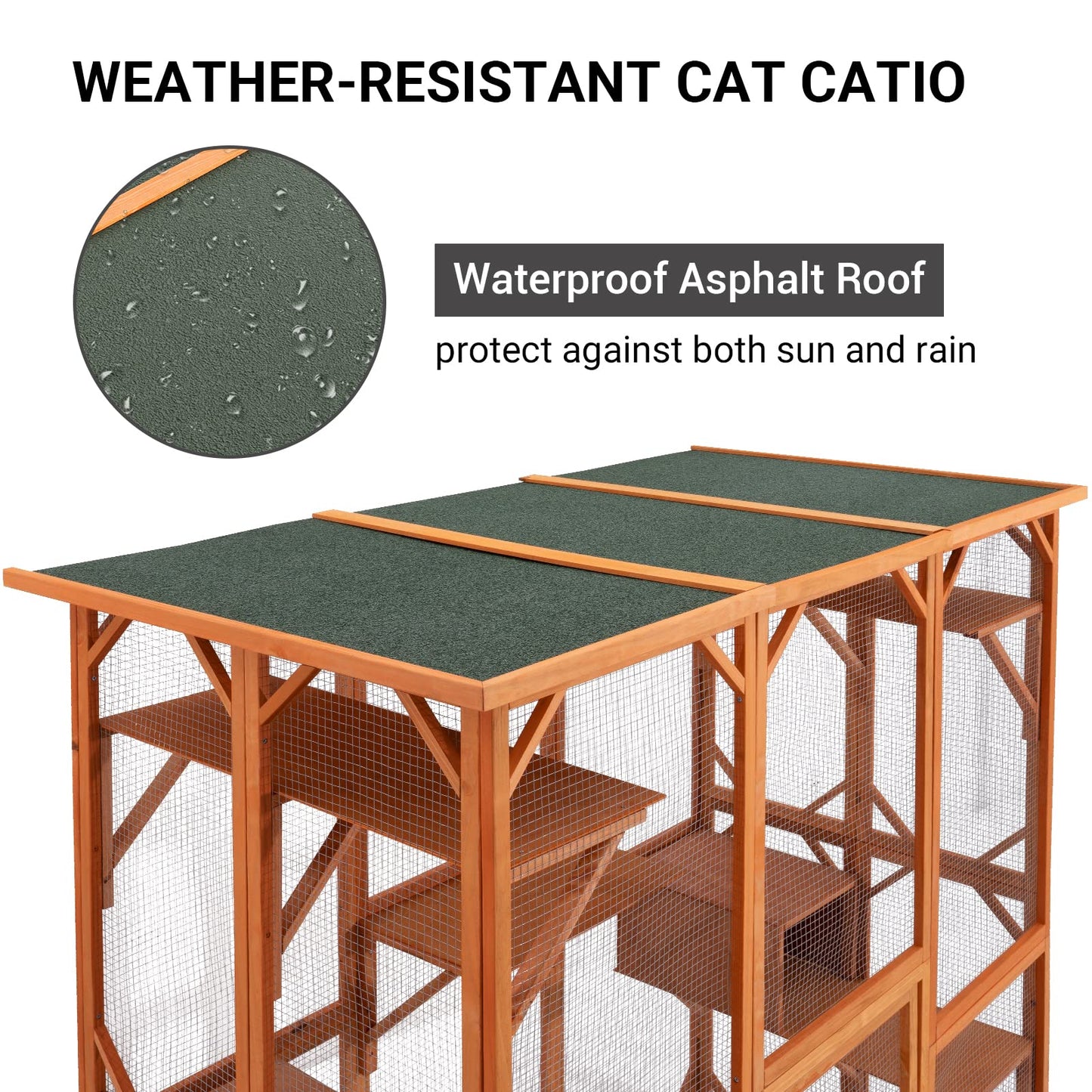 71 Inch Large Outdoor Cat House, Weatherproof Wooden Cats Catio Cat Cage Enclosure with 7 Platform and 2 Small House (Wood)